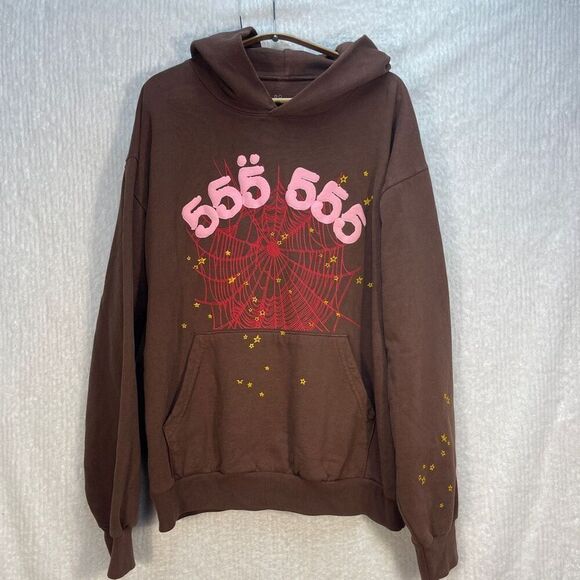 Sp5der Brown Pink Angel Number 555 Young Thug Pullover Hoodie Size Large - Picture 1 of 7